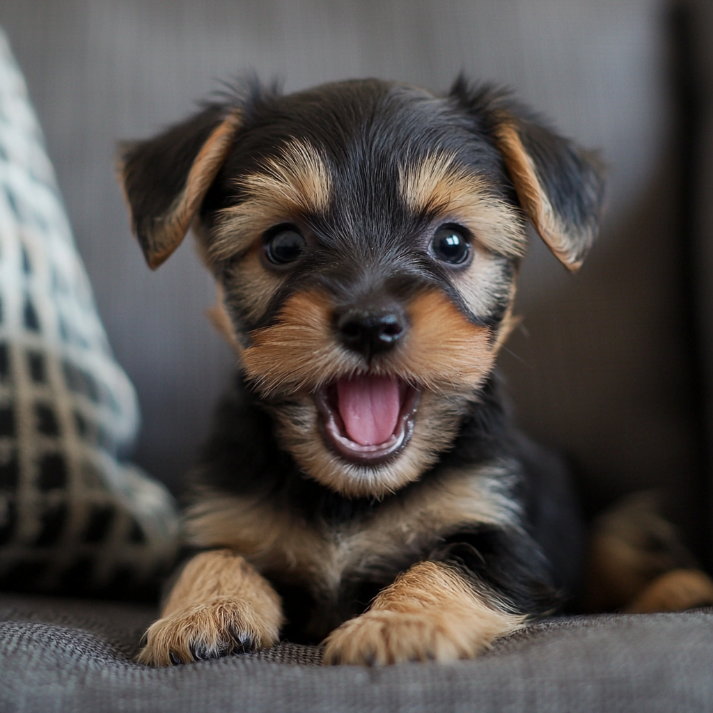 Young puppy with hiccups, relaxing on the couch at home.