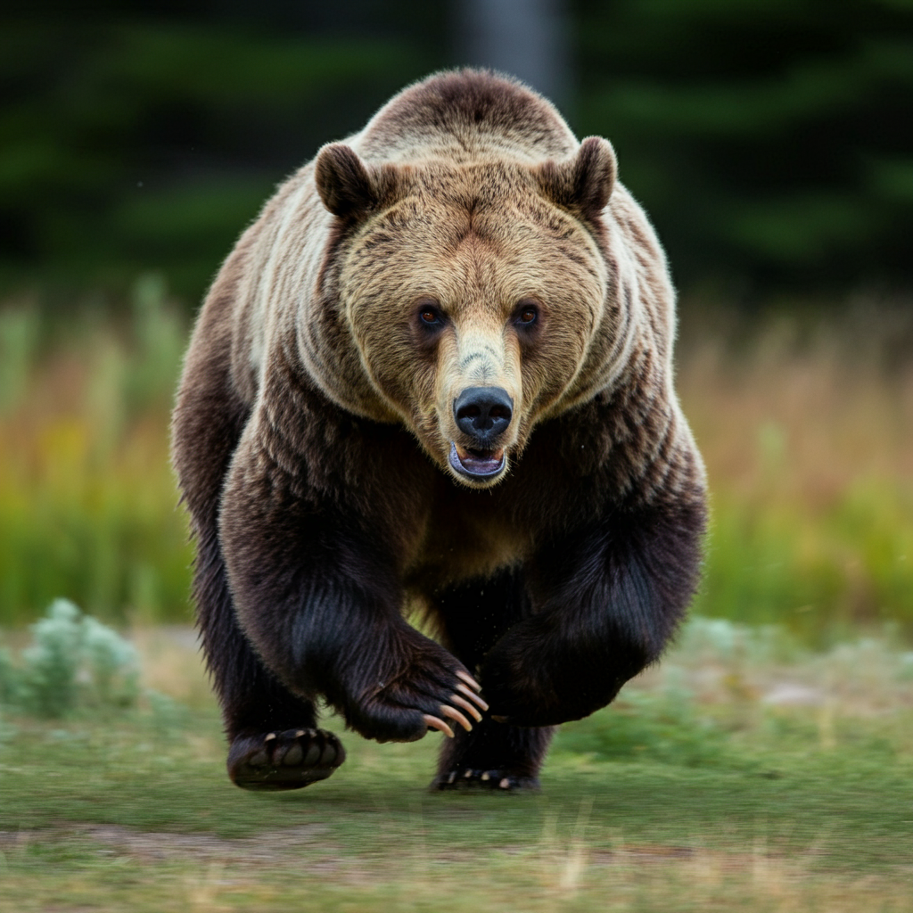 A bear running through a grassy field, moving quickly with powerful strides.