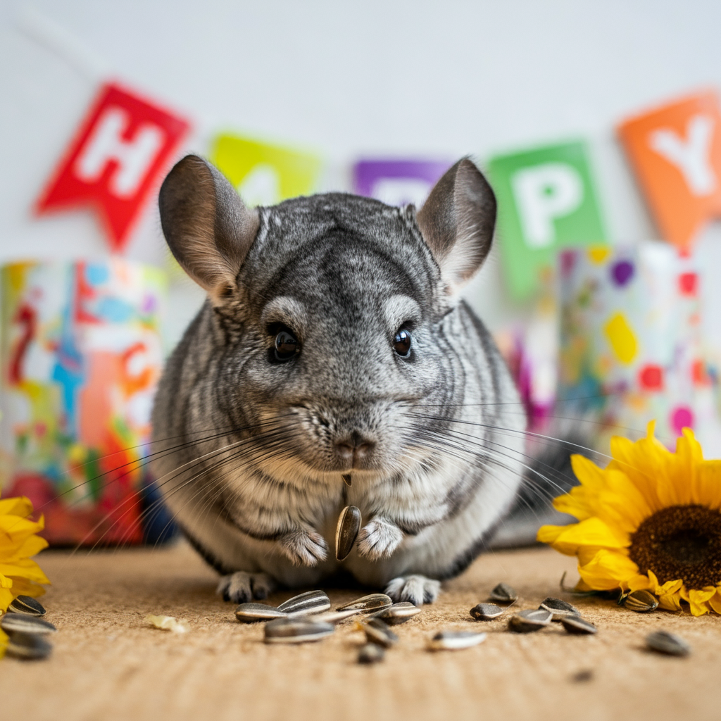 A chinchilla nibbling on a tasty treat in its habitat.