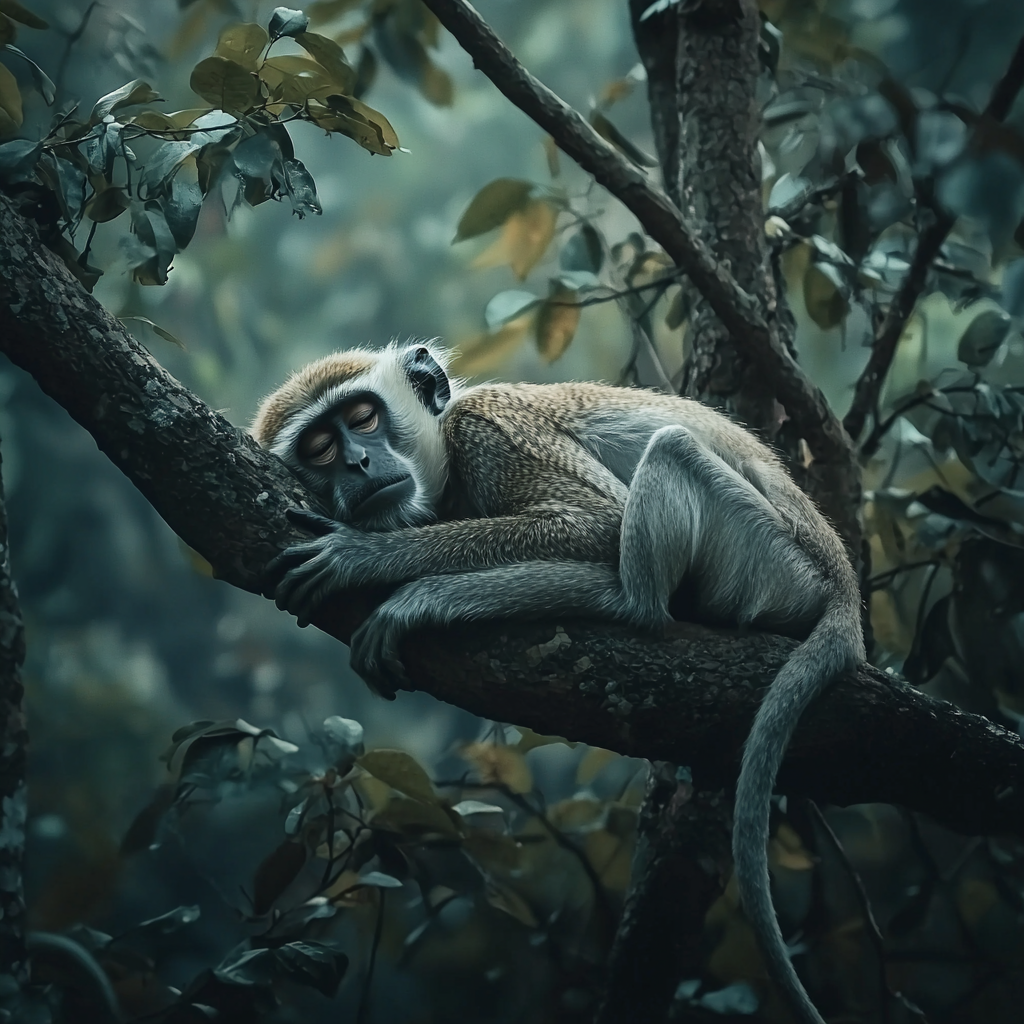 Aging monkey resting on a branch with slightly grayed fur in the forest.