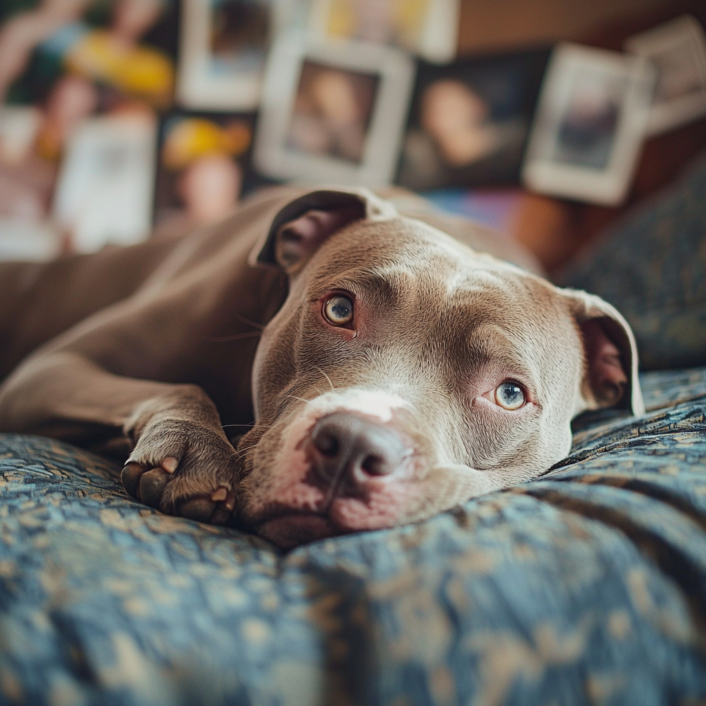 An older Pit Bull relaxing on a cozy bed in its owner’s home, looking peaceful