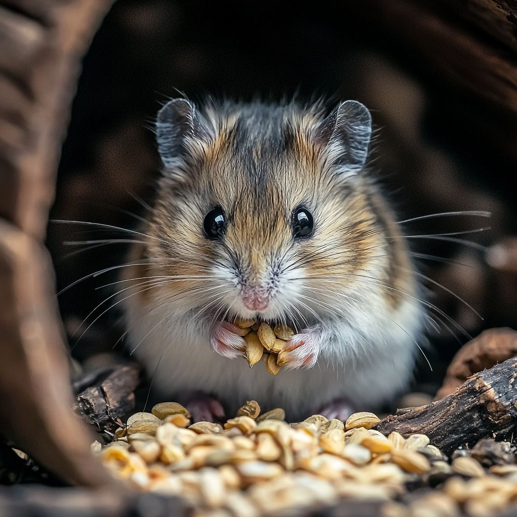 A fluffy hamster nibbling on a treat in its cage.