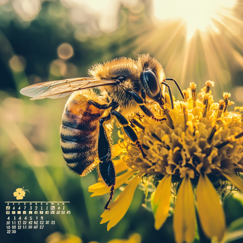 Bee perched on a flower with life expectancy calendar overlay image