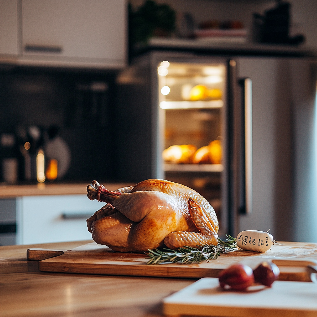 Cooked rotisserie chicken on a kitchen counter with an open refrigerator in the background.