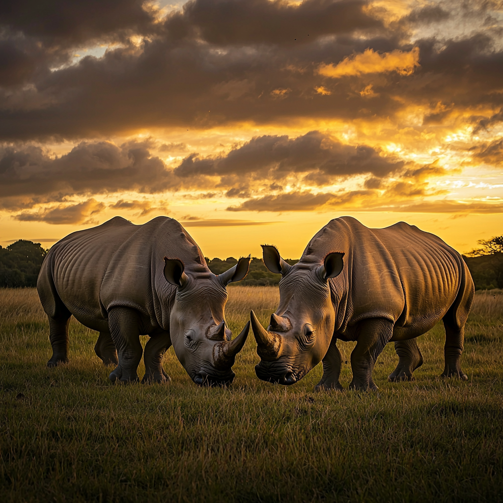 Two rhinos standing close together in the wild, facing each other