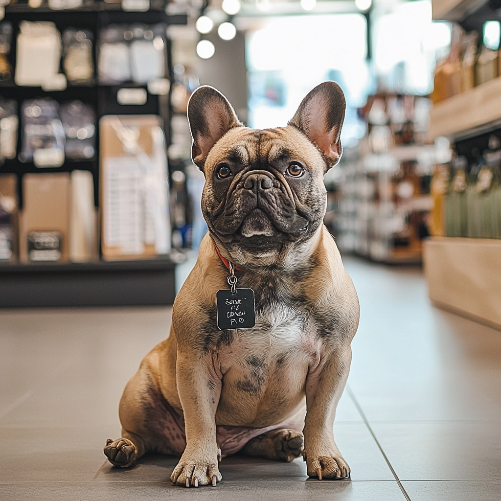 A French Bulldog with a price tag shown in a pet store.