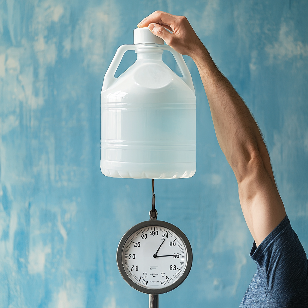 Man holding a water bottle with a weighing scale hanging from it