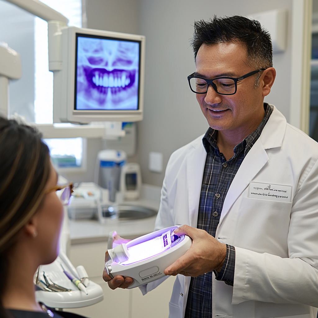 A dentist discussing teeth whitening options and their associated dental whitening cost.