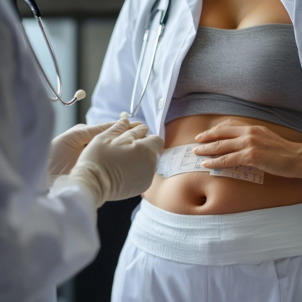 Doctor and patient discuss tummy tuck candidacy and belly tuck cost at consultation.