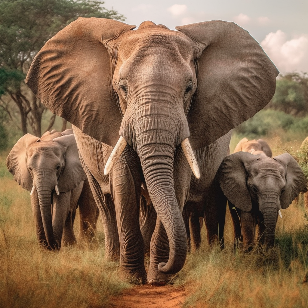 Older elephant with calves following in the natural habitat.