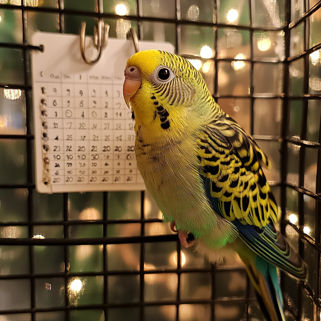 Parakeet in a cage with a detailed feeding schedule