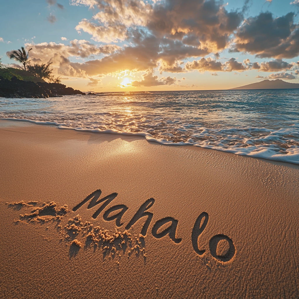 Mahalo written in wet sand at sunset by the ocean on a Hawaiian beach.