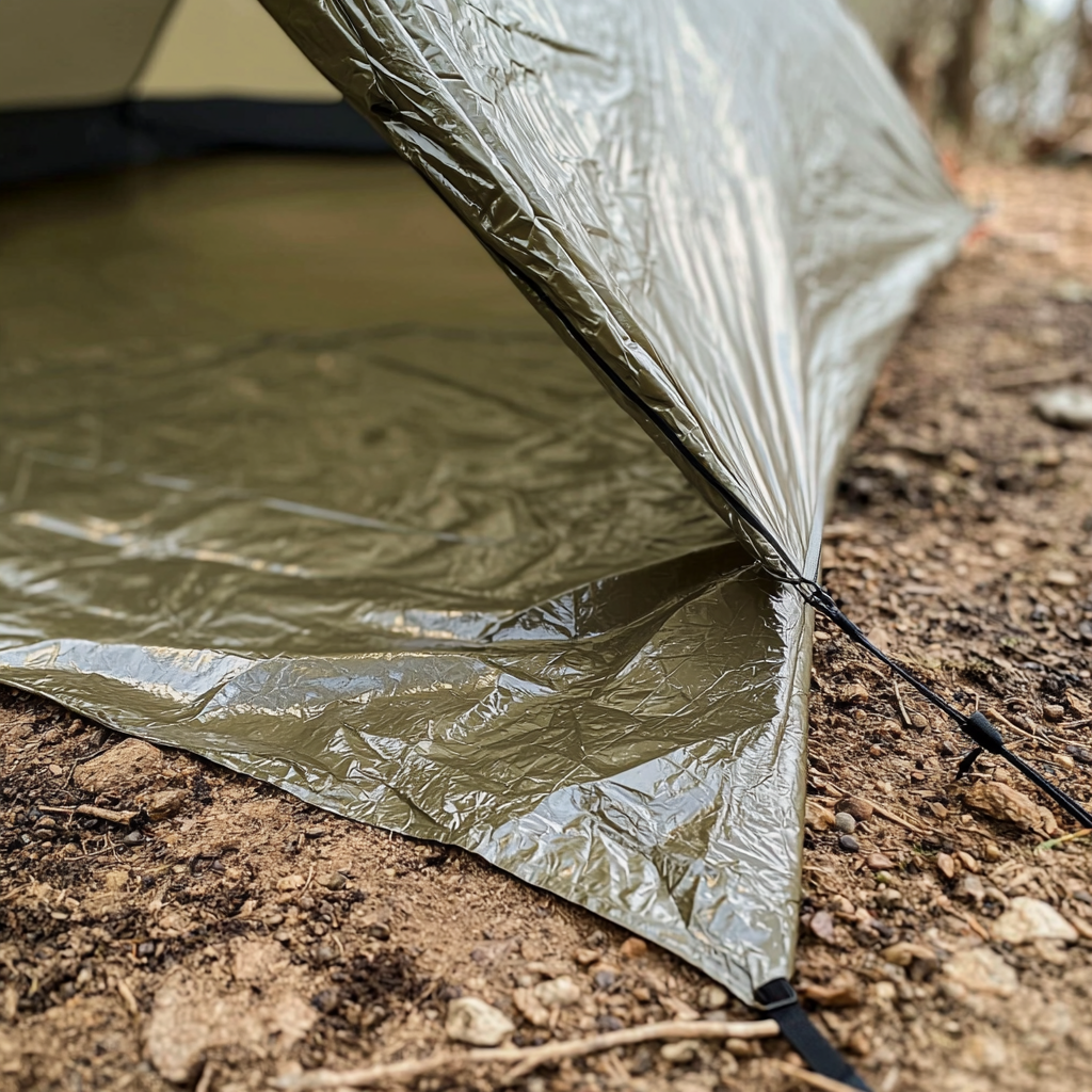 A tent’s footprint visible beneath the tent, showing its protective function.