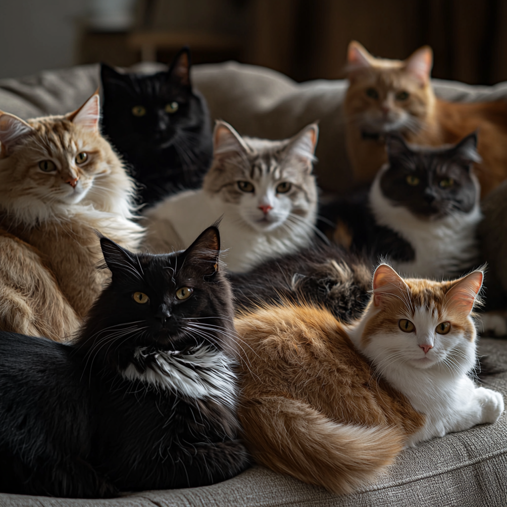 Cats sitting together on a couch in a cozy living room