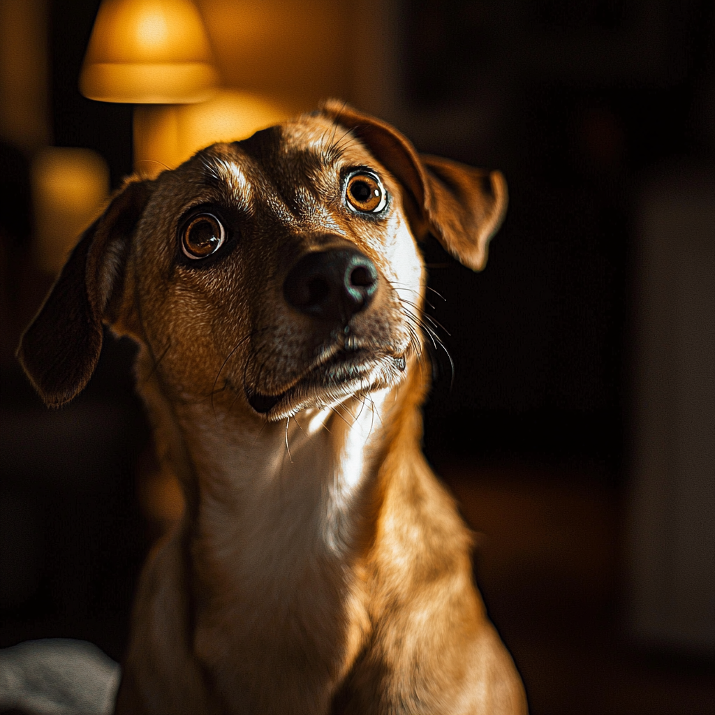 Scared dog looking surprised after experiencing a hiccup