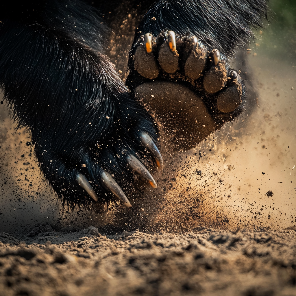 A bear’s claws and paw striking the ground mid-run in a powerful motion.