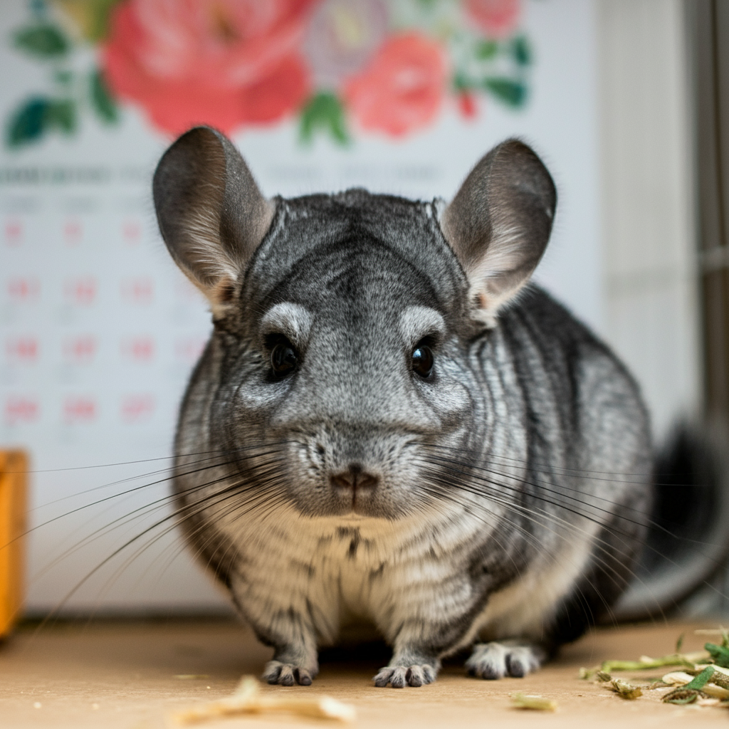 A chinchilla with treats placed on the floor.