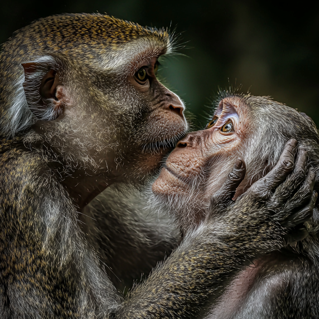 Mother monkey grooming an older monkey, showcasing family bonds and generational care.