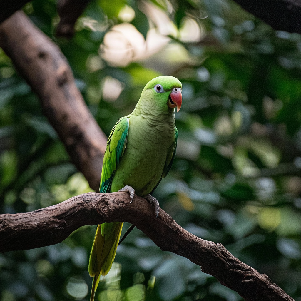 Parakeet sitting on a branch in a lush bird sanctuary