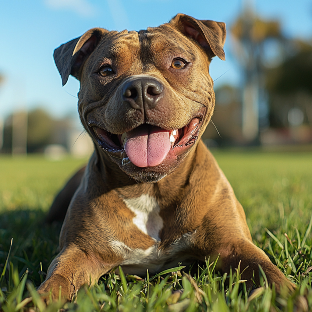 A Pit Bull rests in the park, panting after a long, sunny day run