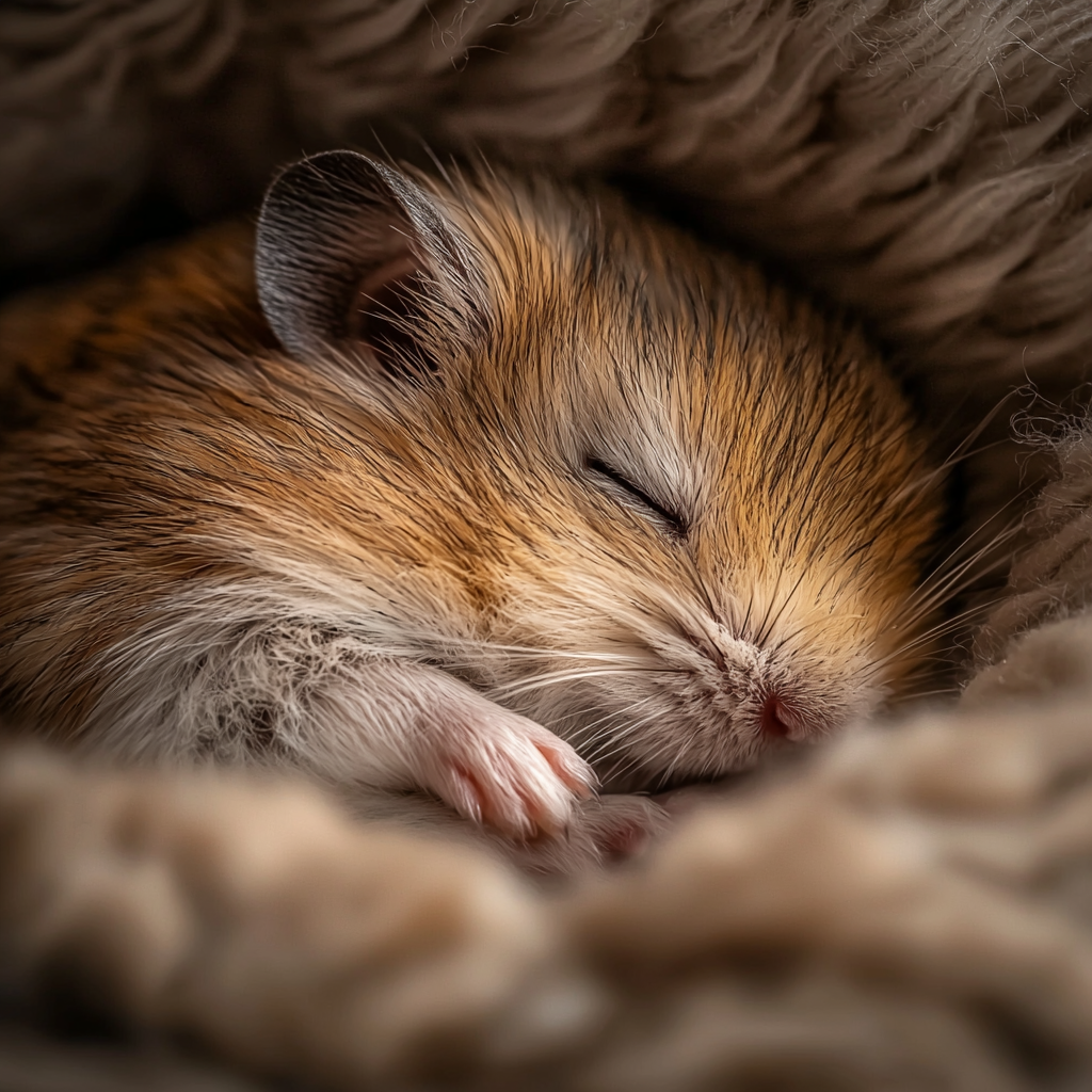 A sleeping hamster snuggled in its cozy bedding.