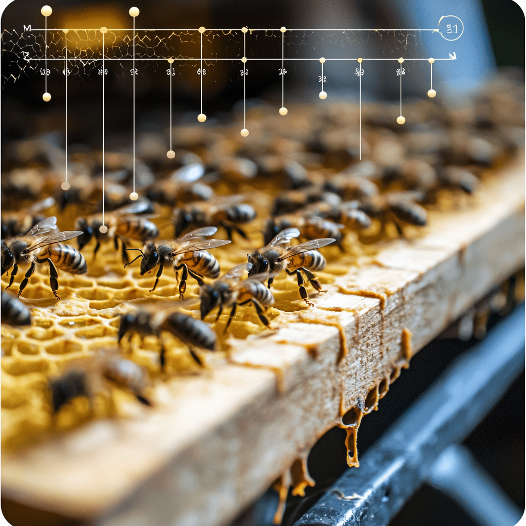 Honeycomb filled with bees and digital timeline showing different bee life spans