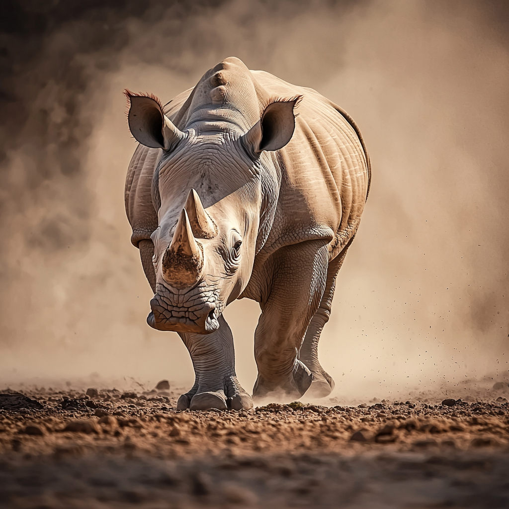 A white rhino charging across a dry desert, with dust rising behind it.