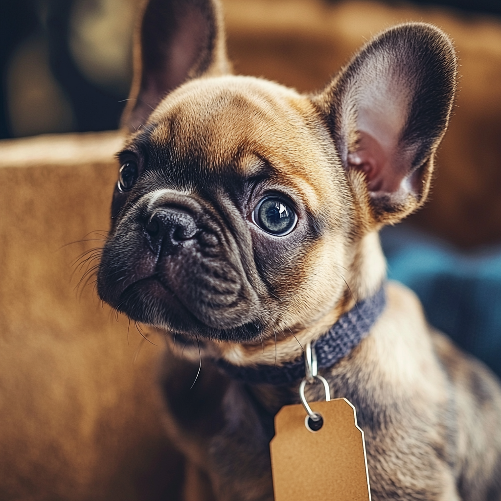 A newly purchased French Bulldog settling in at their new home.