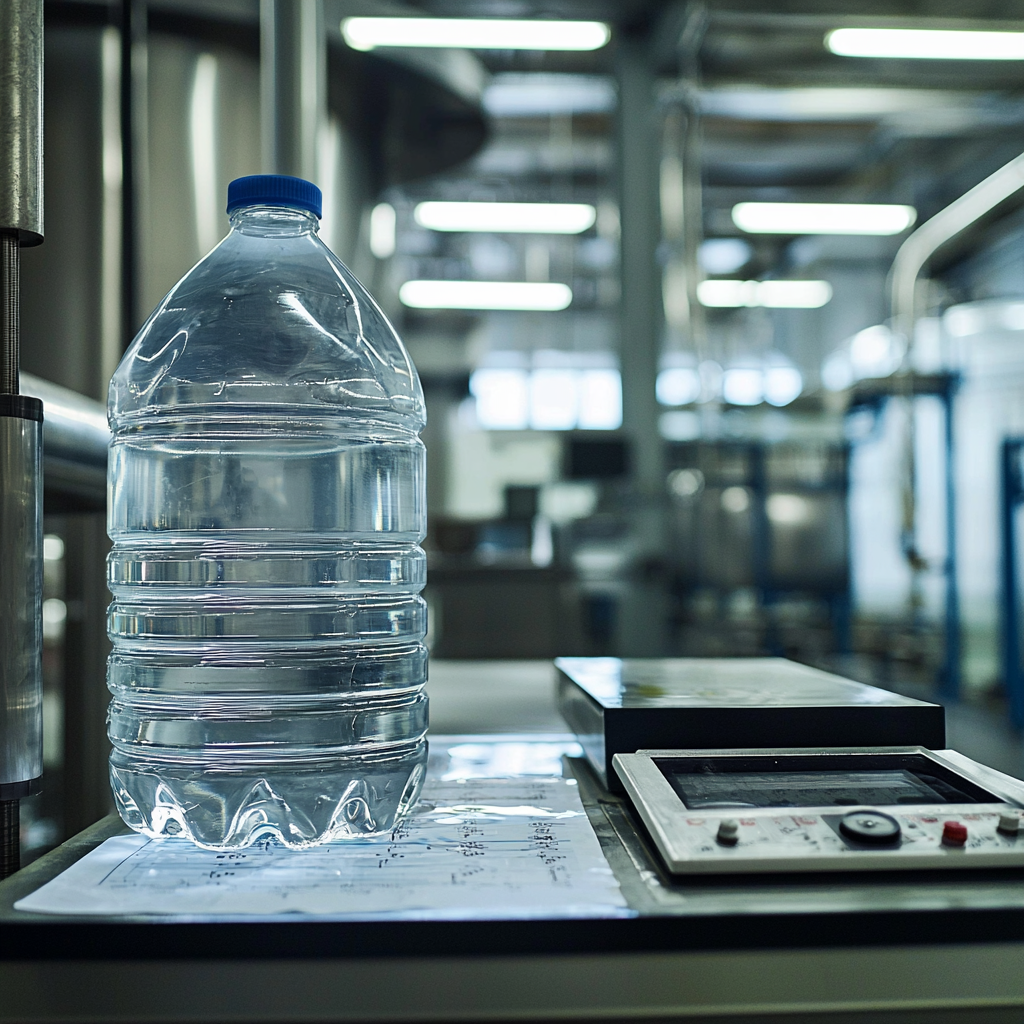 Five gallon water jug on a weighing scale in a manufacturing facility