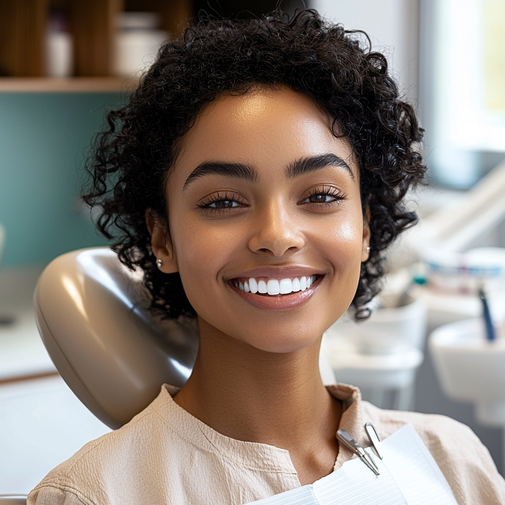 Young woman in dental chair with bright smile after getting her teeth whitened.