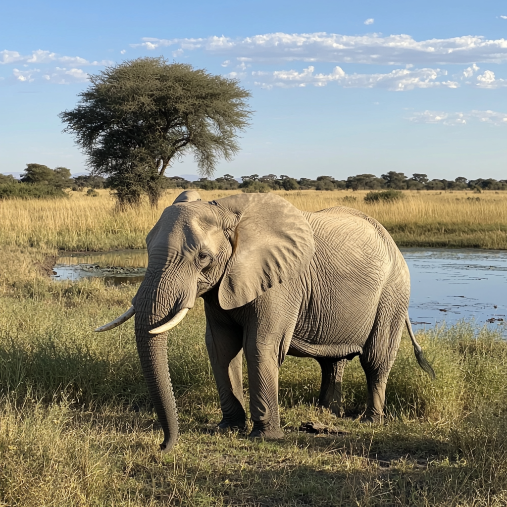 An aging elephant with wrinkled skin standing by a stream of water.