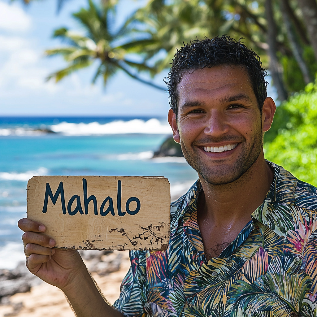 Tour guide holding up a Mahalo sign near a beach with a bright blue sky.