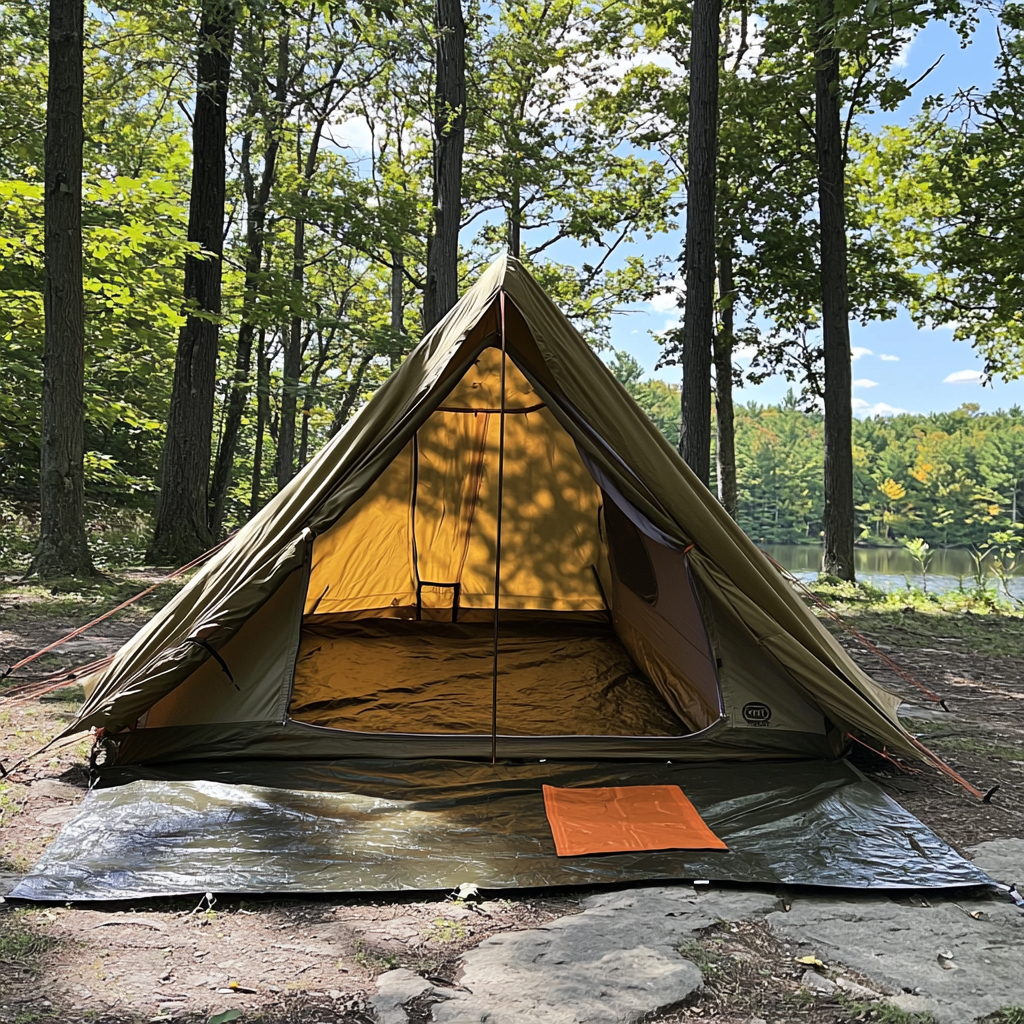 A tent by a beautiful lake in a damp forest with a visible footprint underneath.