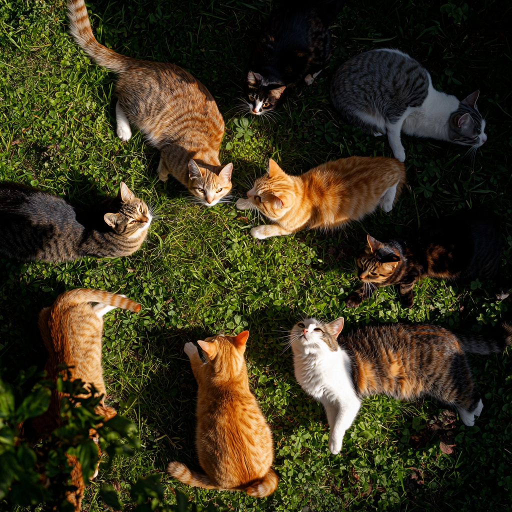 A group of cats playing in the backyard as the sun sets