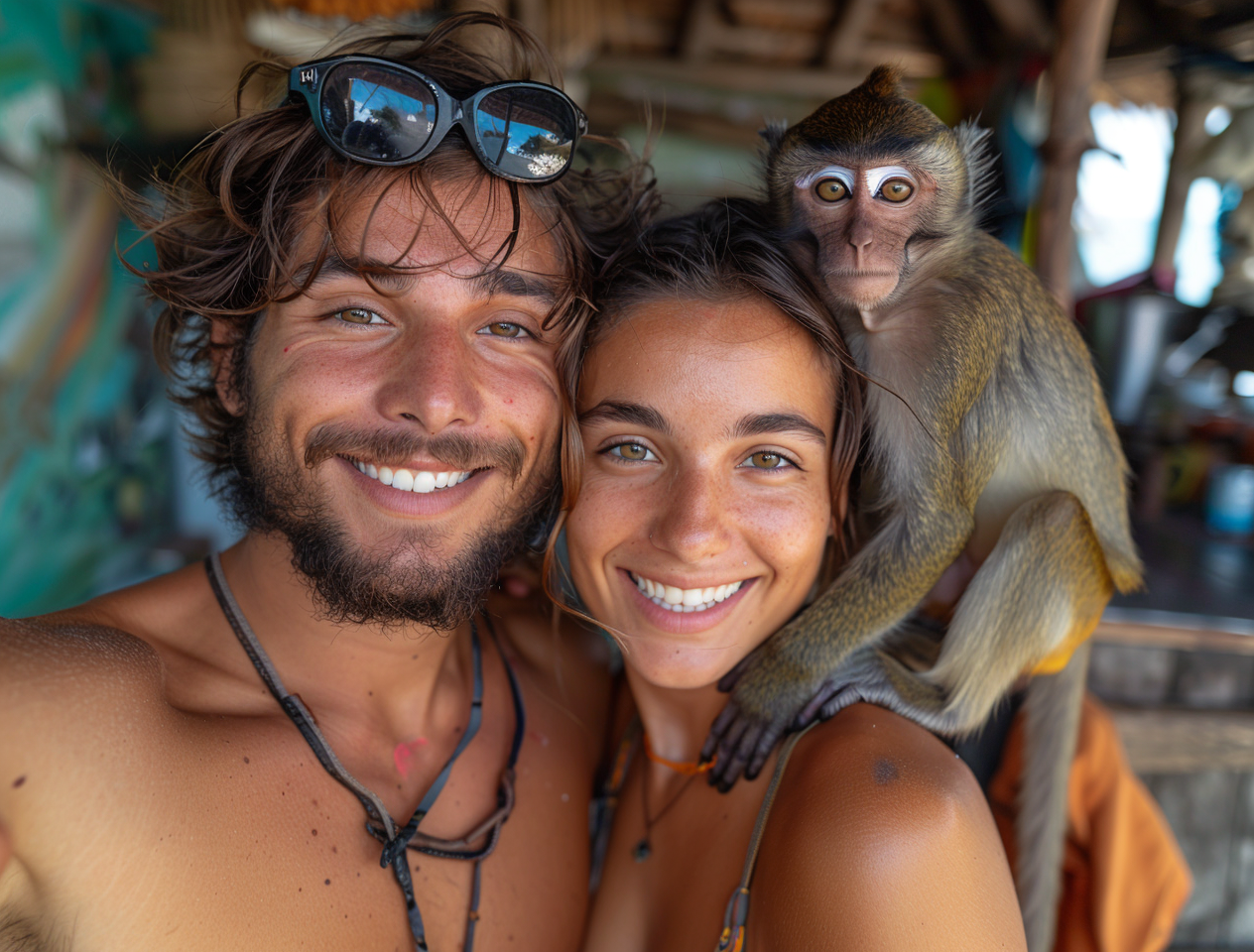 Tourist couple posing with a monkey on the woman's shoulder during a vacation.