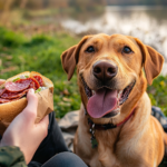 Person holding a slice of salami in front of a dog’s nose.