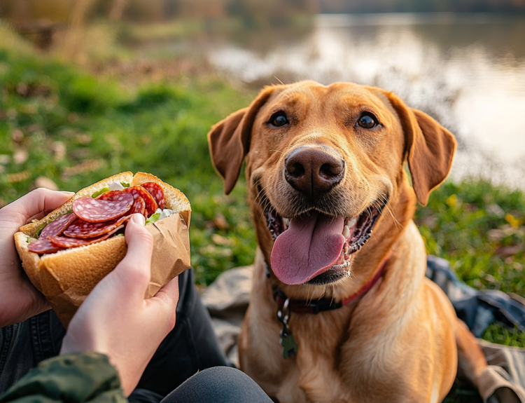 Person holding a slice of salami in front of a dog’s nose.