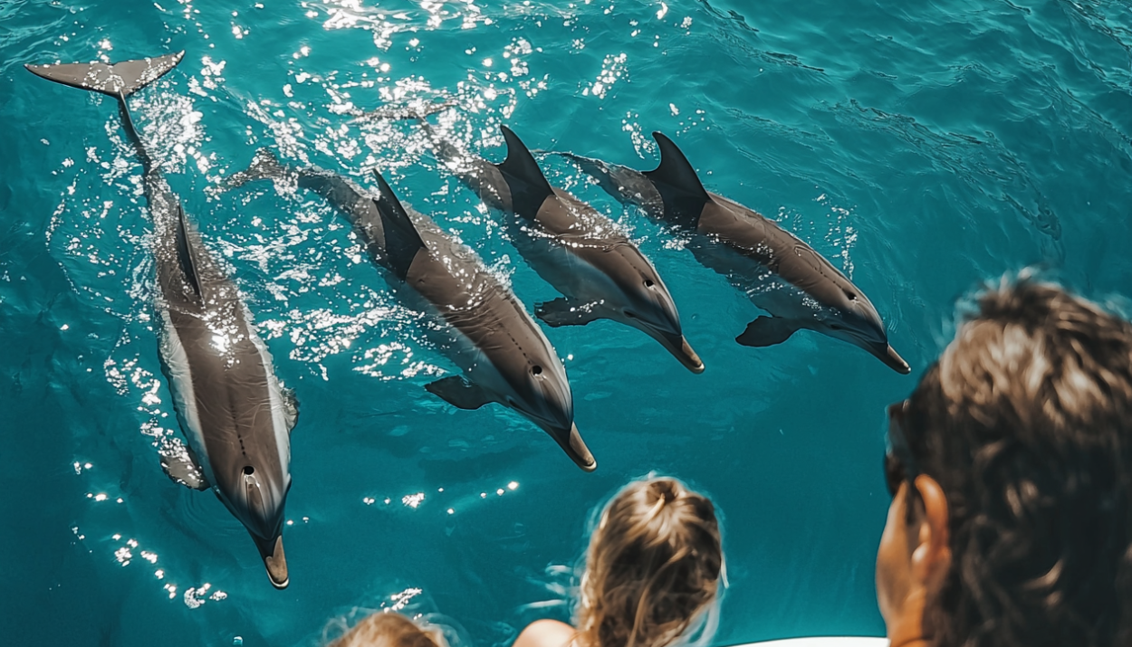 Family viewing a group of dolphins as they swim in a large pool.