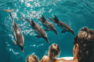 Family viewing a group of dolphins as they swim in a large pool.