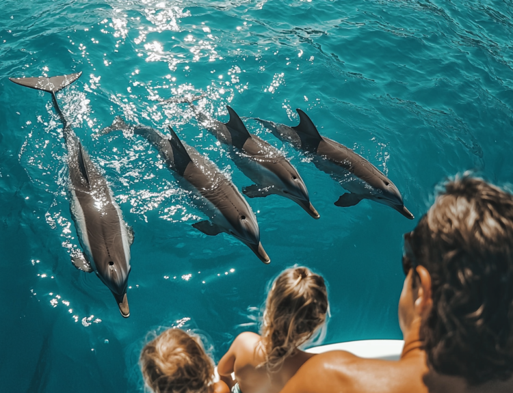 Family viewing a group of dolphins as they swim in a large pool.