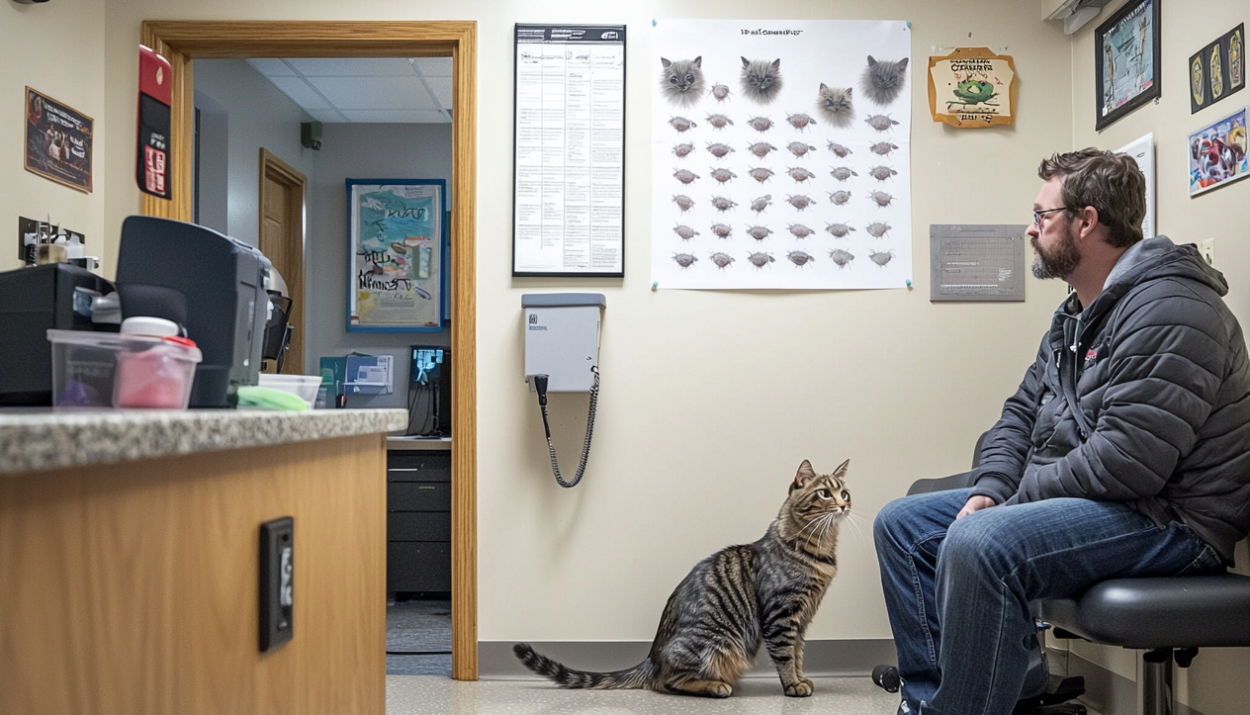 A concerned cat owner at the vet to examine a cat for fleas.