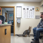 A concerned cat owner at the vet to examine a cat for fleas.