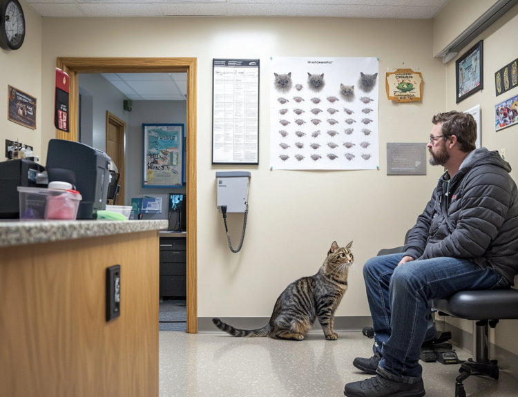 A concerned cat owner at the vet to examine a cat for fleas.