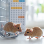 Two curious mice roaming around in a clean, well-lit enclosure.