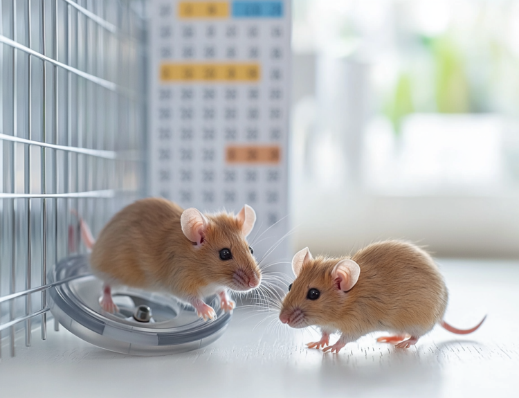 Two curious mice roaming around in a clean, well-lit enclosure.