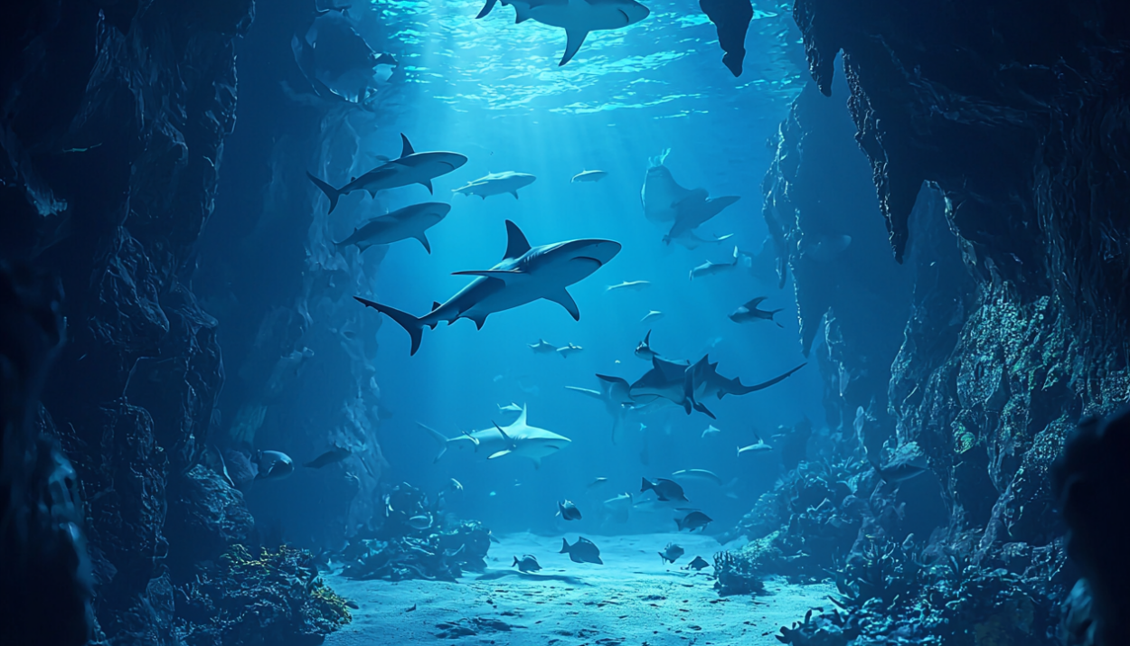 A school of sharks swimming in the deep blue sea.