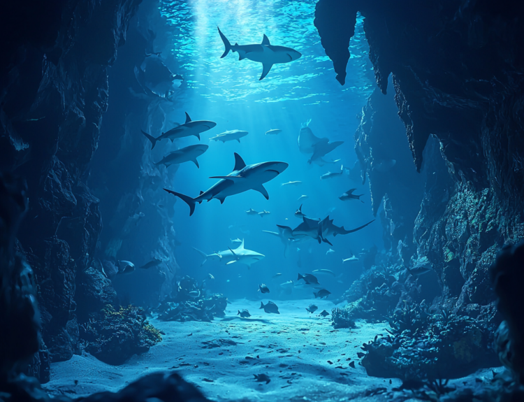 A school of sharks swimming in the deep blue sea.