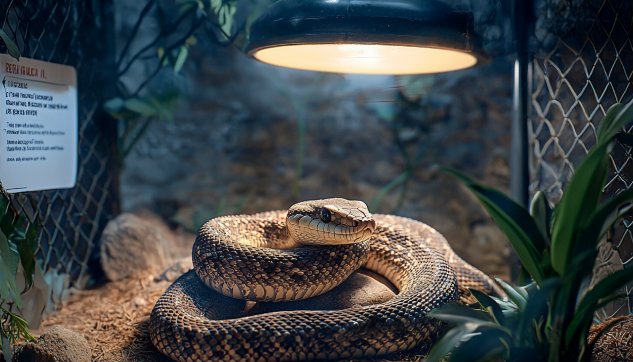 A snake resting in a confined space under bright light.