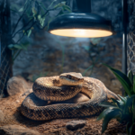 A snake resting in a confined space under bright light.