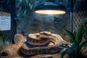 A snake resting in a confined space under bright light.